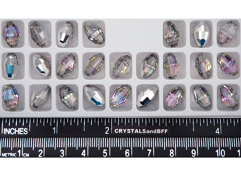 Crystal Vitrail Light Silver, Preciosa Czech Machine Cut Olive Crystal Beads, barrel shape in size 12x8mm, 24 pieces