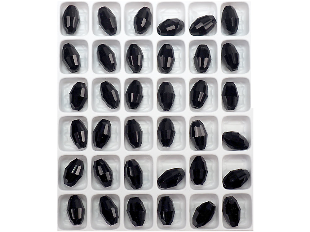 Jet black, Preciosa Czech Machine Cut Olive Crystal Beads, barrel shape in size 9x6mm, 36 pieces