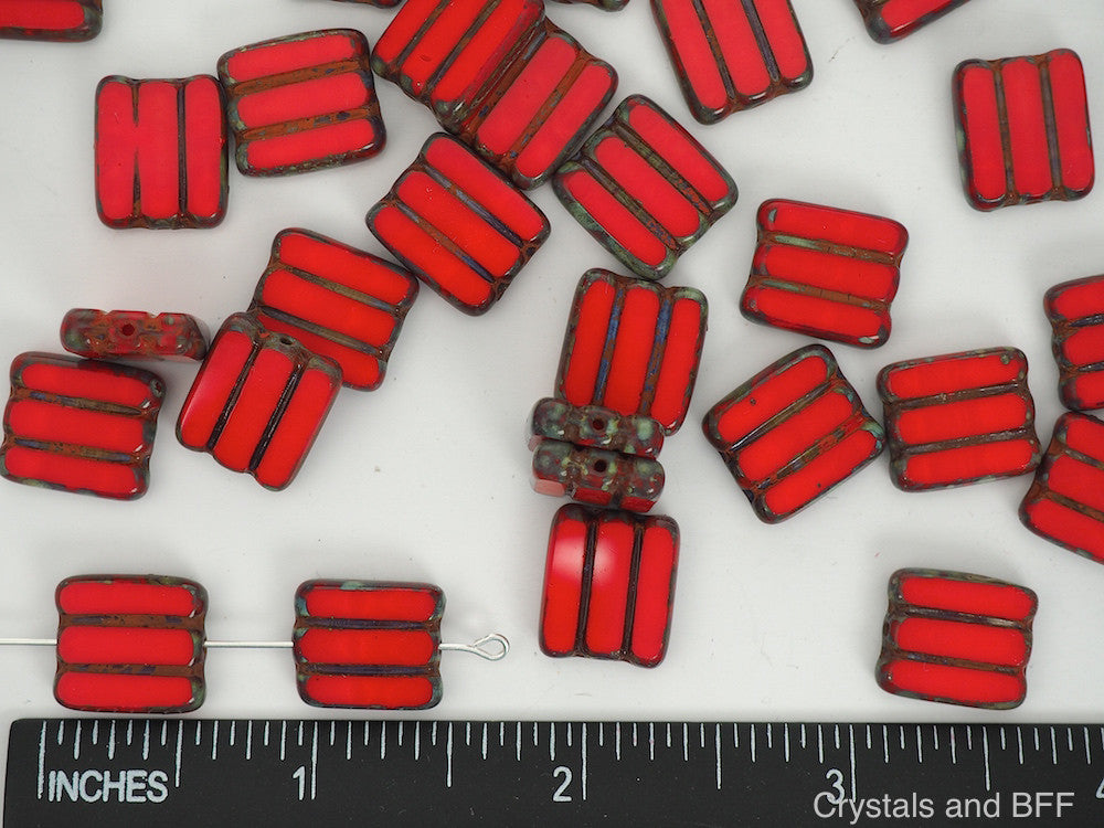 20pcs of Czech Glass Table Cut Square Window Beads in size 14mm, side drilled, Opaque Red with Picasso coating  Art. 151-33336, col. 93200/43400