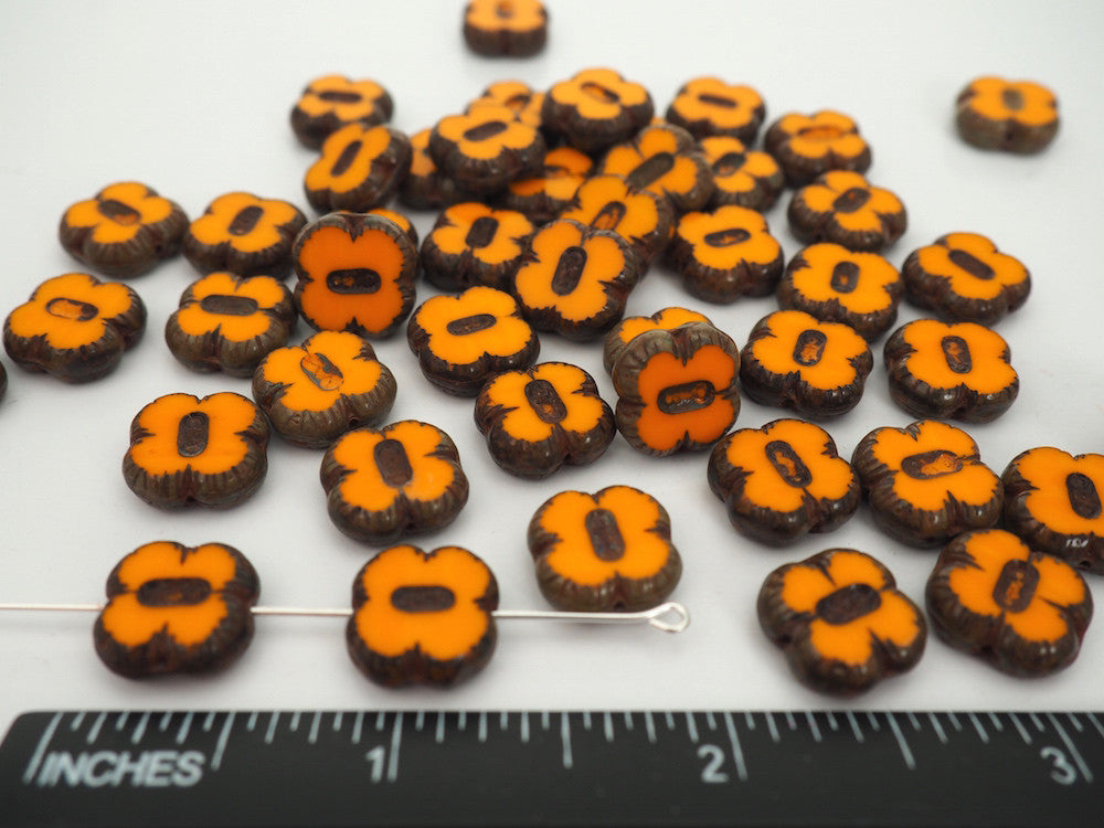 24pcs of Czech Glass Table Cut Flower Button Window Beads in size 12mm, side drilled, Opaque Orange with Picasso coating Art.151-60150, col. 93110/86800