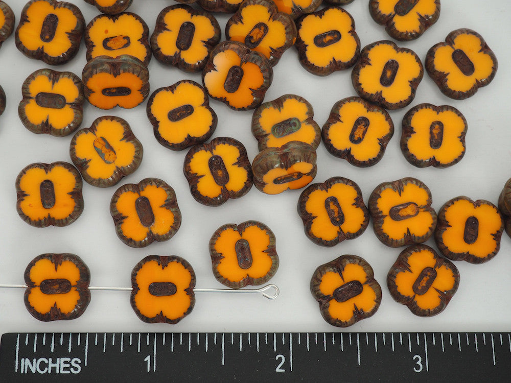 24pcs of Czech Glass Table Cut Flower Button Window Beads in size 12mm, side drilled, Opaque Orange with Picasso coating Art.151-60150, col. 93110/86800