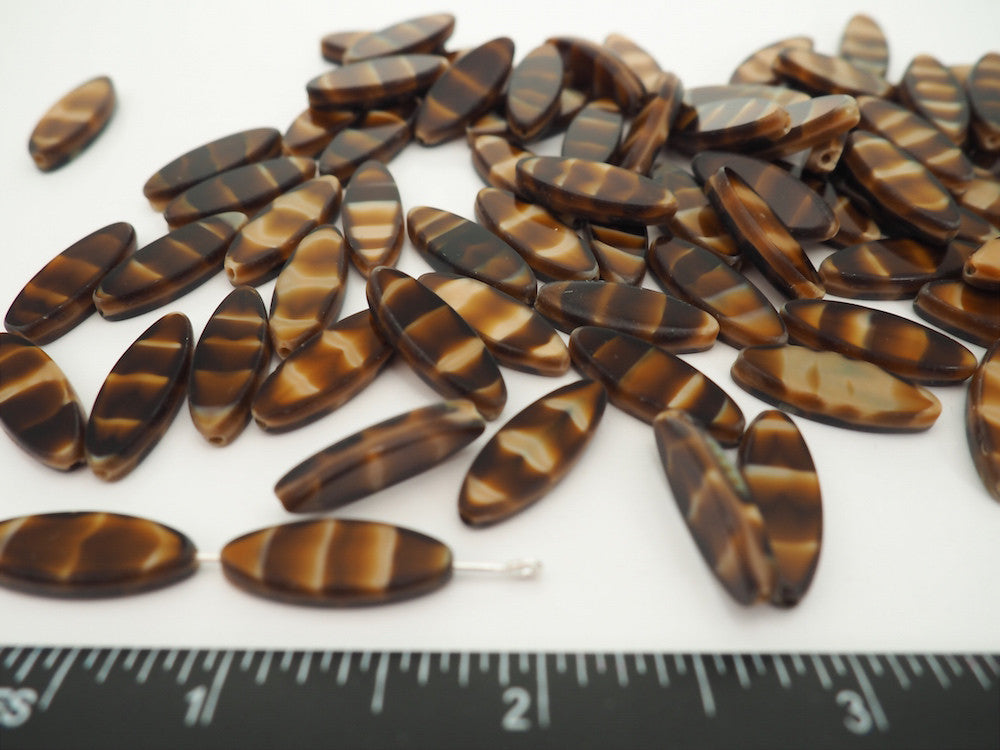 24pcs of Czech Glass Table Cut Elongated Oval Window Beads in size 20x8mm, side drilled, Brown Tiger Eye Swirl color Art. 151-30460, col. 16127