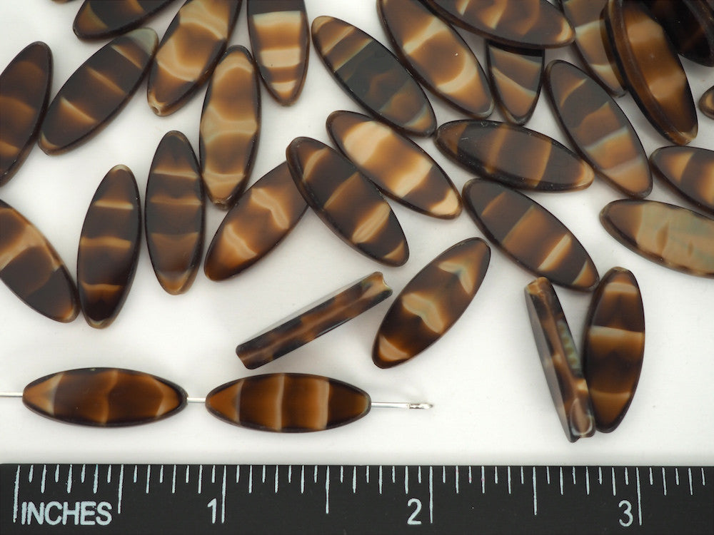 24pcs of Czech Glass Table Cut Elongated Oval Window Beads in size 20x8mm, side drilled, Brown Tiger Eye Swirl color Art. 151-30460, col. 16127