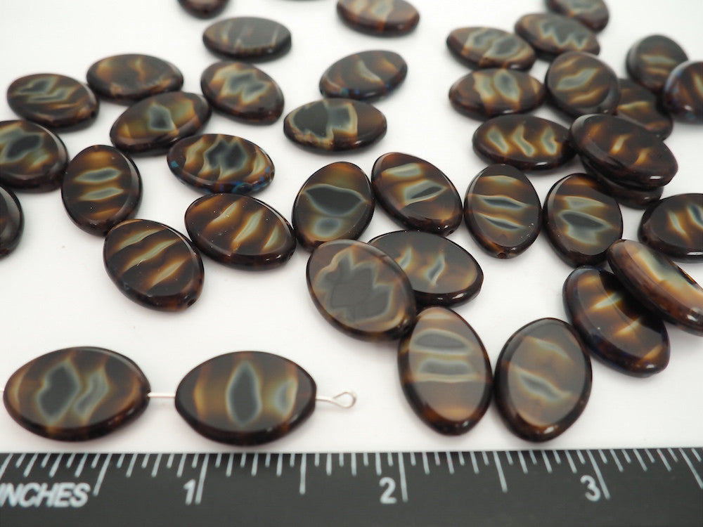 12pcs of Czech Glass Table Cut Oval Window Beads in size 20x14mm, side drilled, Brown Opal Swirl with Picasso coating Art. 151-99006, col. 26117/86800