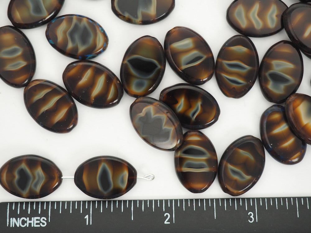 12pcs of Czech Glass Table Cut Oval Window Beads in size 20x14mm, side drilled, Brown Opal Swirl with Picasso coating Art. 151-99006, col. 26117/86800