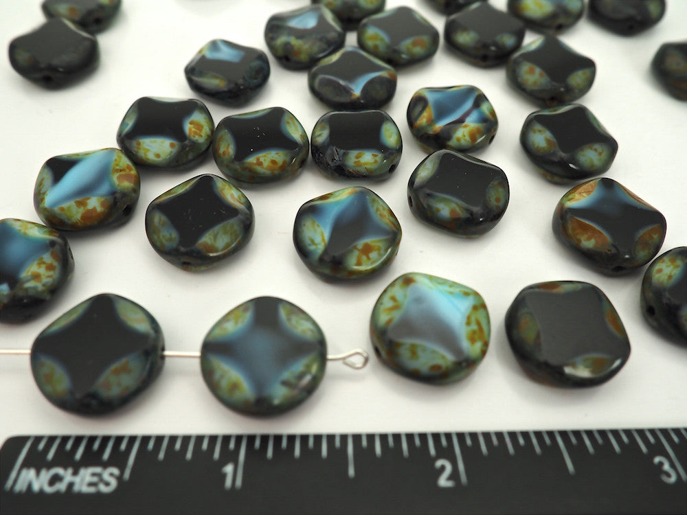 12pcs of Czech Glass Table Cut Round Coin Window Beads in size 16mm, side drilled, Grey and Black Opal Swirl with Picasso coating Art. 151-03009, col. 67019/86800