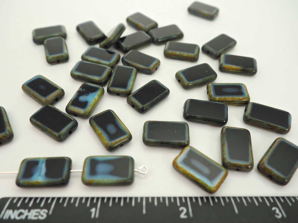 20pcs of Czech Glass Table Cut Rectangle Window Beads in size 16x10mm, side drilled, Black and Grey Opal Swirl with Picasso coating Art. 151-30342, col. 67019/86800