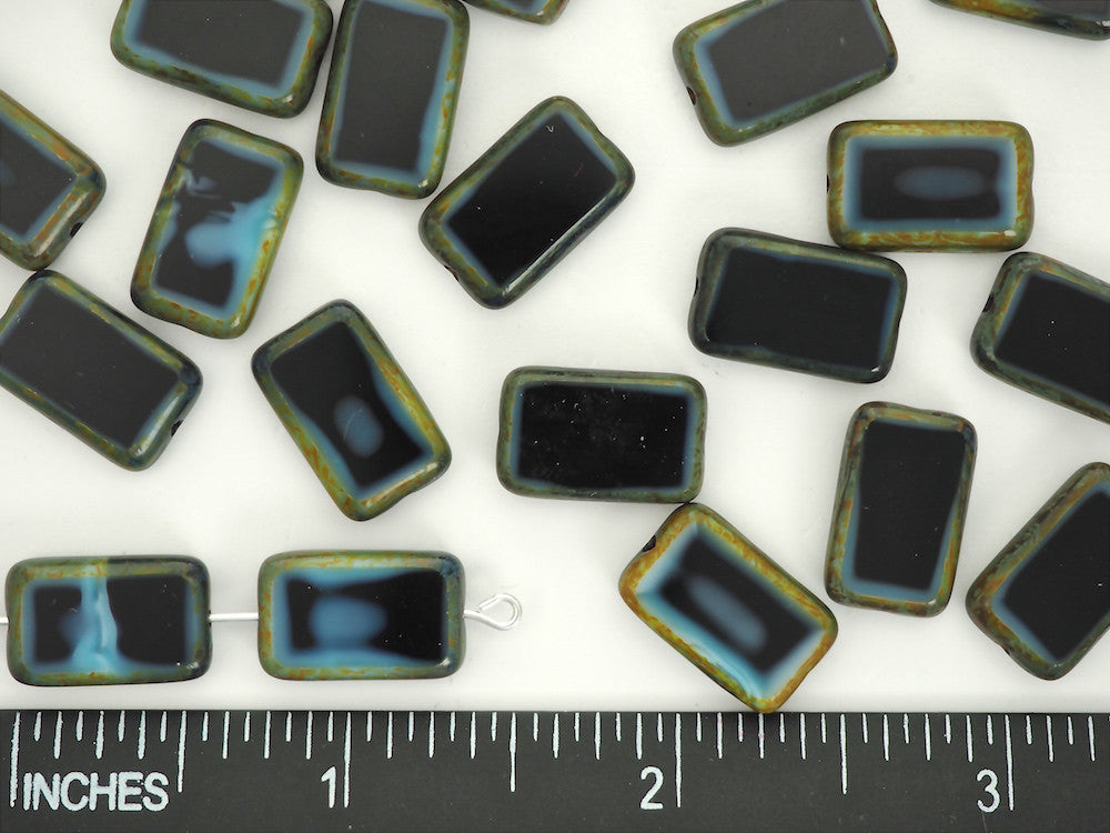 20pcs of Czech Glass Table Cut Rectangle Window Beads in size 16x10mm, side drilled, Black and Grey Opal Swirl with Picasso coating Art. 151-30342, col. 67019/86800