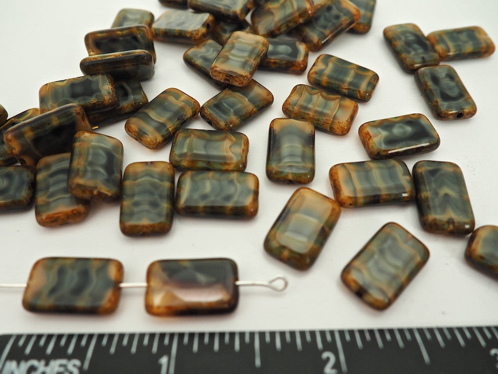 20pcs of Czech Glass Table Cut Rectangle Window Beads in size 16x10mm, side drilled, Brown and Grey Opal Swirl with Picasso coating Art. 151-30342, col. 26107/86800