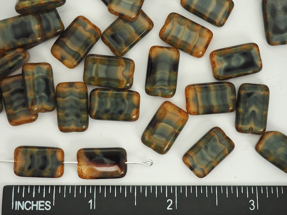 20pcs of Czech Glass Table Cut Rectangle Window Beads in size 16x10mm, side drilled, Brown and Grey Opal Swirl with Picasso coating Art. 151-30342, col. 26107/86800