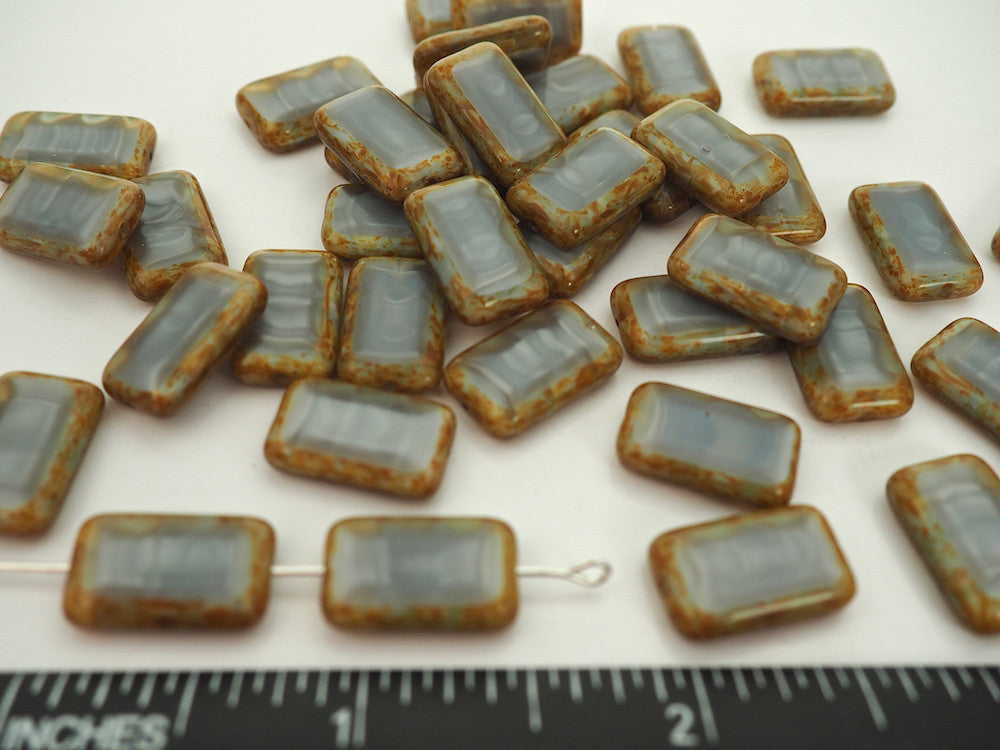20pcs of Czech Glass Table Cut Rectangle Window Beads in size 16x10mm, side drilled, Light Grey Opal Swirl with Picasso coating Art. 151-30342, col. 46017/86800