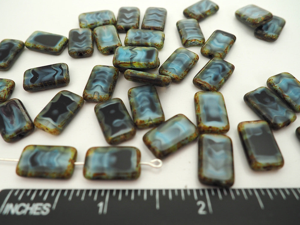 20pcs of Czech Glass Table Cut Rectangle Window Beads in size 16x10mm, side drilled, Dark Grey and Black Opal Swirl with Picasso coating Art. 151-30342, col. 26607/86800