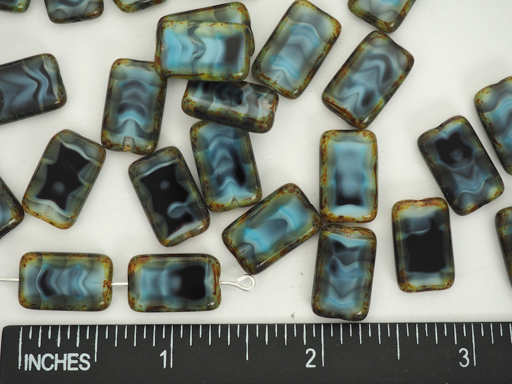 20pcs of Czech Glass Table Cut Rectangle Window Beads in size 16x10mm, side drilled, Dark Grey and Black Opal Swirl with Picasso coating Art. 151-30342, col. 26607/86800