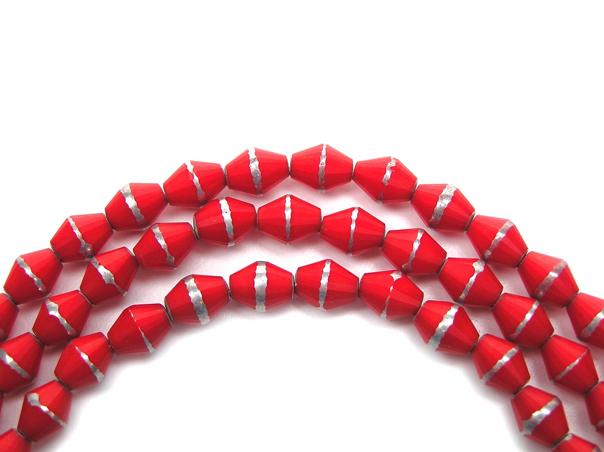 22 Czech Glass Bicone Shaped Fire Polished Beads 8x6mm Red Coral with Silver, P216