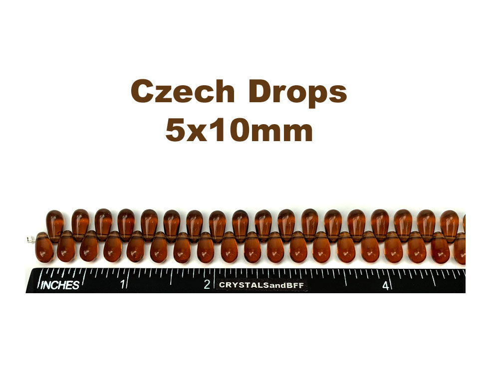 'Czech Glass Druk TearDrop Beads 5x10mm Smoked Topaz, 50 pieces, pressed smooth top drilled, P355