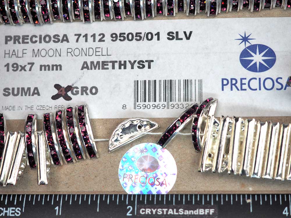 'Preciosa Genuine Czech Rhinestone 2-Hole HALF MOON Rondelles 19x7mm Amethyst purple, Silver Plated Spacers, 24 pieces, P364