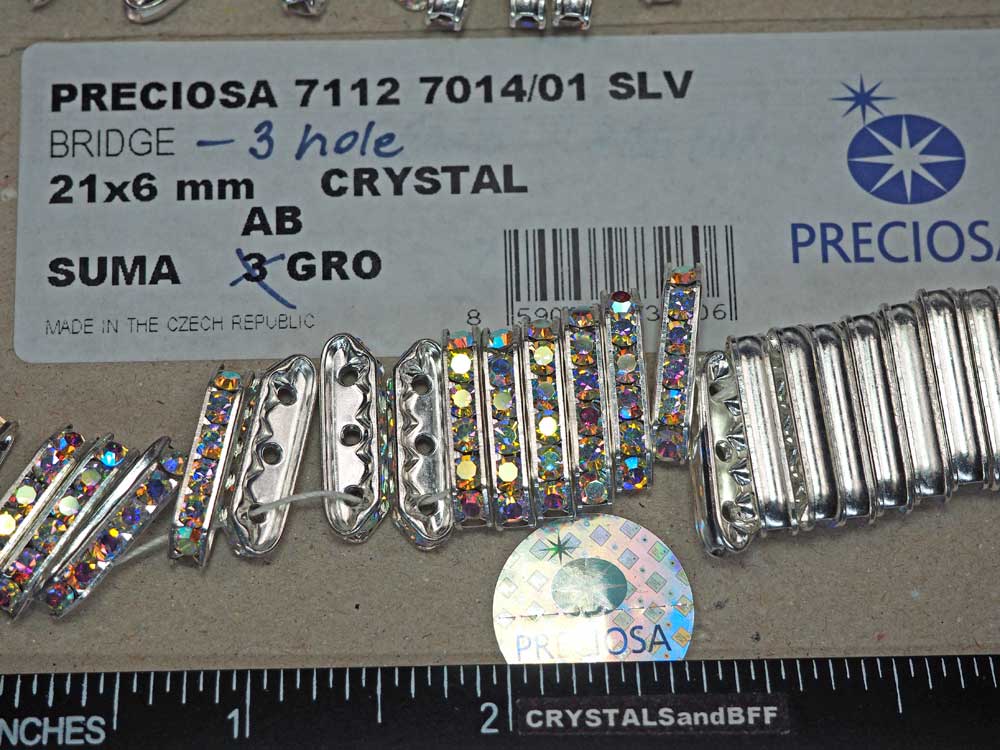 'Preciosa Genuine Czech Rhinestone 3-Hole BRIDGE Rondelles 21x6mm Crystal AB, Silver Plated Spacers, 12 pieces, P365