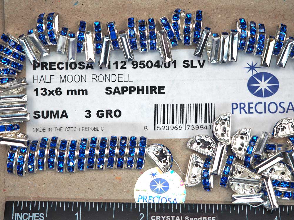 'Preciosa Genuine Czech Rhinestone 2-Hole HALF MOON Rondelles 13x6mm Sapphire blue, Silver Plated Spacers, 24 pieces, P366
