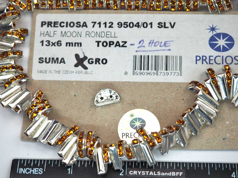 'Preciosa Genuine Czech Rhinestone 2-Hole HALF MOON Rondelles 13x6mm Topaz, Silver Plated Spacers, 24 pieces, P367