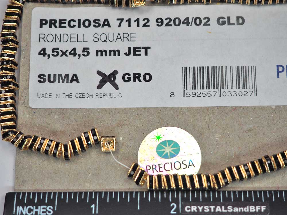 'Preciosa Genuine Czech Rhinestone Squaredelles 4.5mm Jet black, Gold Plated Square Spacers, 144 pieces, P369