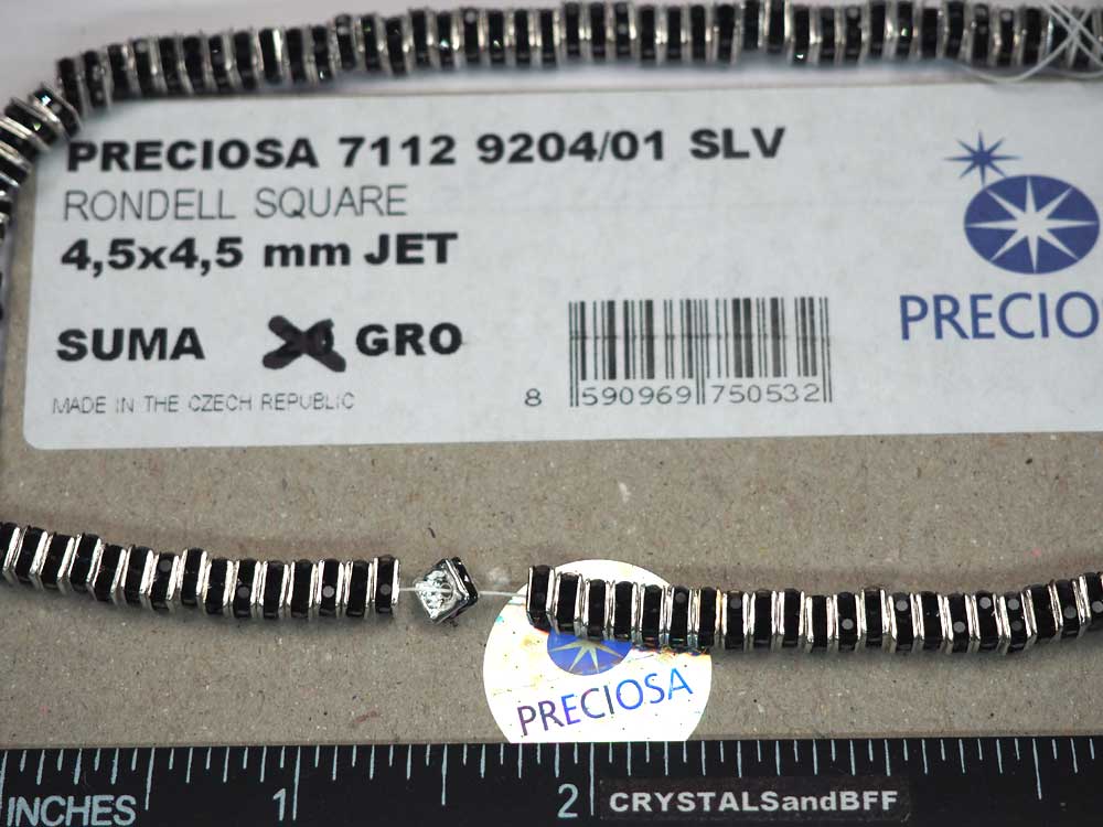'Preciosa Genuine Czech Rhinestone Squaredelles 4.5mm Jet black, Silver Plated Square Spacers, 144 pieces, P370
