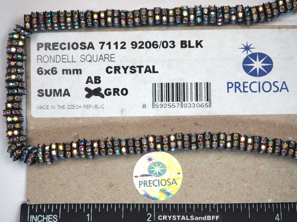 'Preciosa Genuine Czech Rhinestone Squaredelles 6mm Crystal AB, Black Plated Square Spacers, 144 pieces, P371