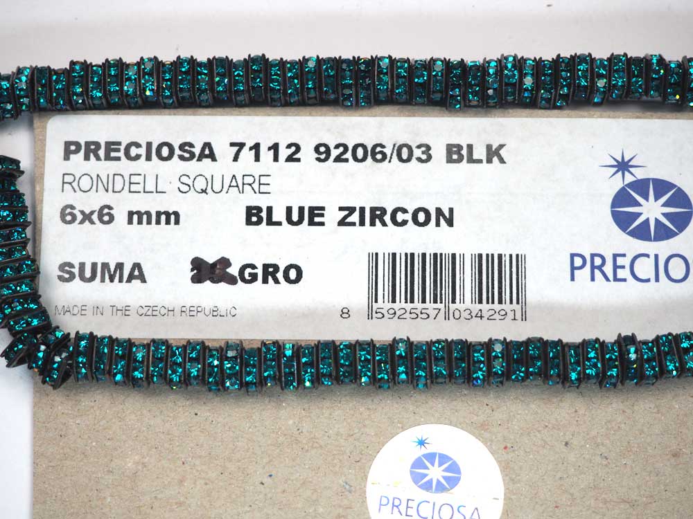 'Preciosa Genuine Czech Rhinestone Squaredelles 6mm Blue Zircon, Black Plated Square Spacers, 144 pieces, P372