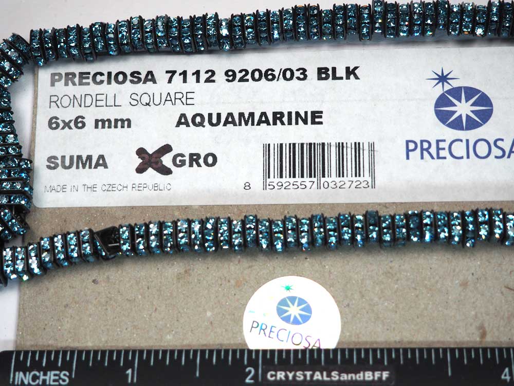 'Preciosa Genuine Czech Rhinestone Squaredelles 6mm Aquamarine blue, Black Plated Square Spacers, 144 pieces, P374