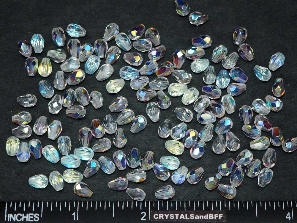 Czech Glass Pear Shaped Fire Polished Beads 7x5mm Crystal AB Tear Drops, 50 pieces, J030