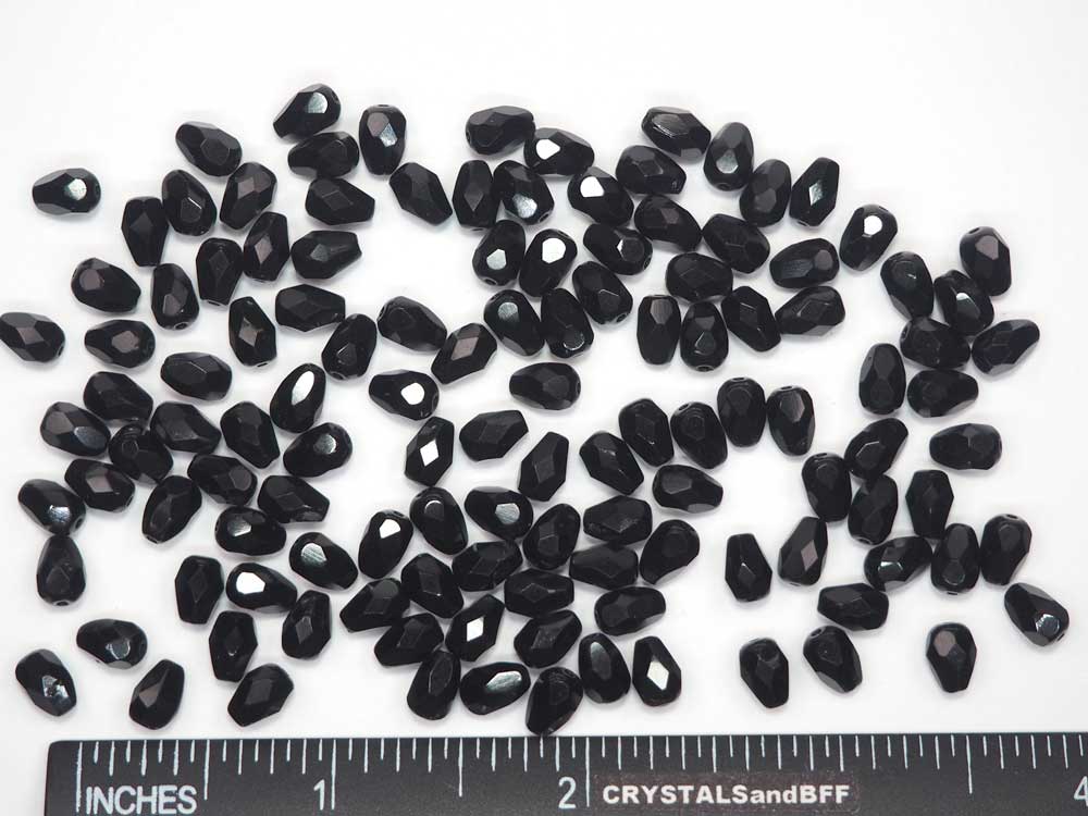 Czech Glass Pear Shaped Fire Polished Beads 7x5mm Jet black Tear Drops, 50 pieces, P380