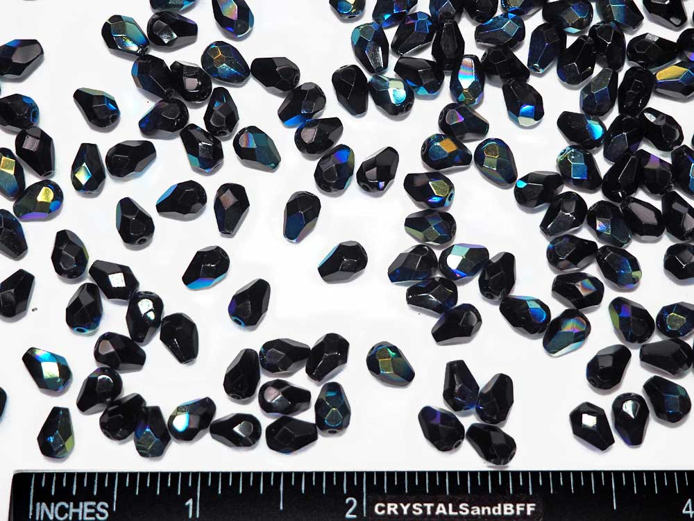 Czech Glass Pear Shaped Fire Polished Beads 8x6mm Jet black AB Tear Drops 50 pieces P387