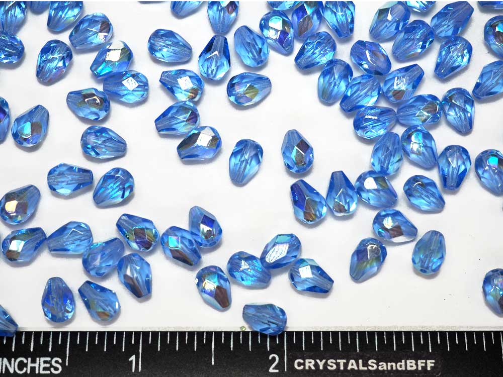 Czech Glass Pear Shaped Fire Polished Beads 8x6mm Light Sapphire AB coated blue Tear Drops 50 pieces J023-P389