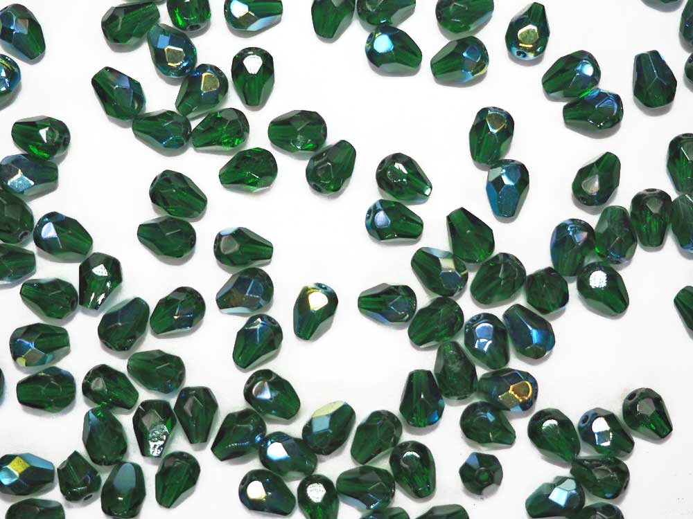 Czech Glass Pear Shaped Fire Polished Beads 8x6mm Medium Emerald AB green Tear Drops, 50 pieces, P390