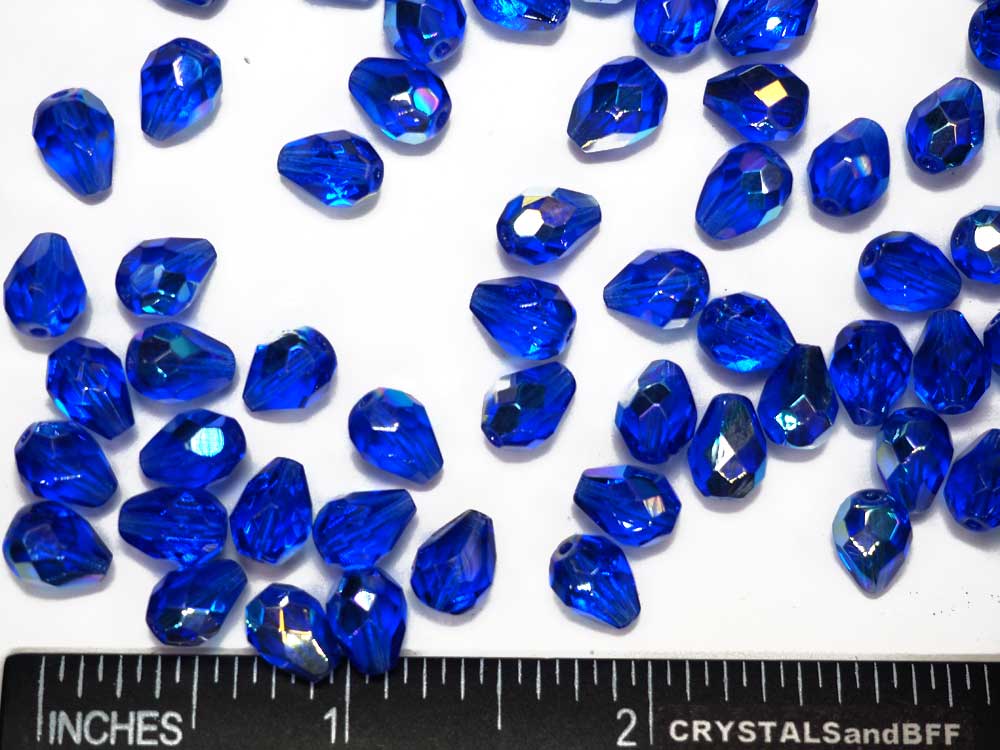 Czech Glass Pear Shaped Fire Polished Beads 9x7mm Sapphire AB blue Tear Drops, 50 pieces, P394