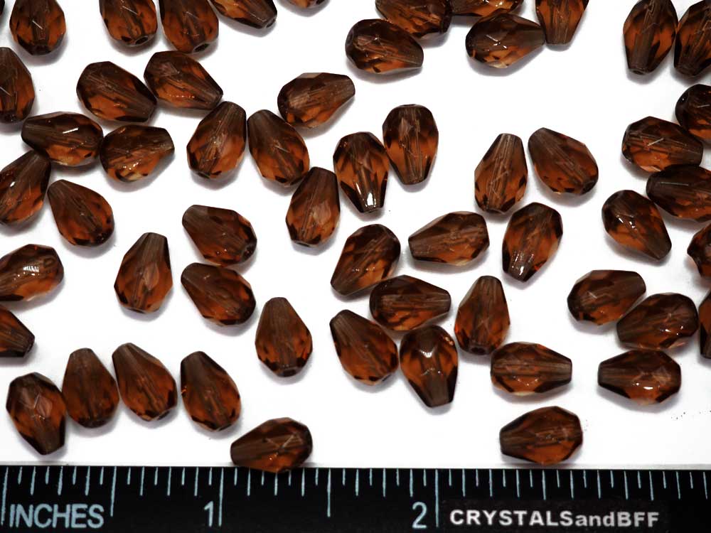 Czech Glass Pear Shaped Fire Polished Beads 10x7mm Smoked Topaz brown Tear Drops, 25 pieces, P397