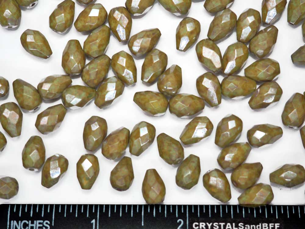 Czech Glass Pear Shaped Fire Polished Beads 10x7mm Green Marmor Tear Drops, 50 pieces, P398