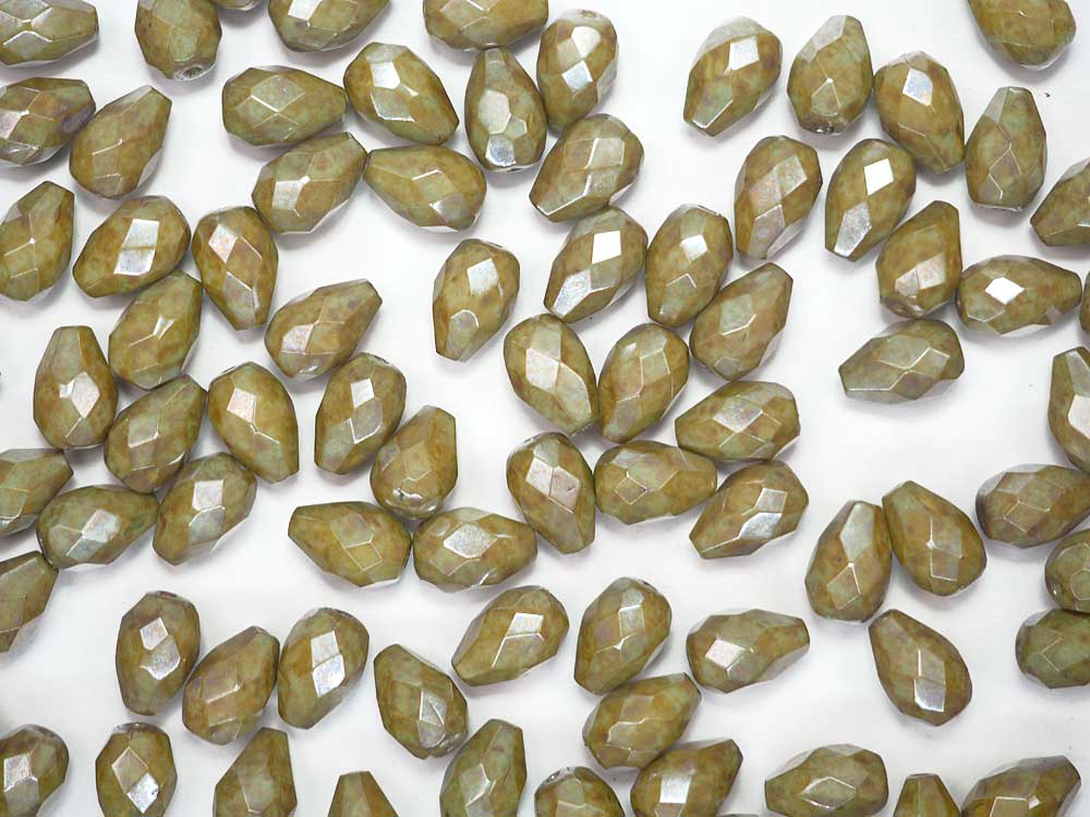 Czech Glass Pear Shaped Fire Polished Beads 10x7mm Green Marmor Tear Drops, 50 pieces, P398