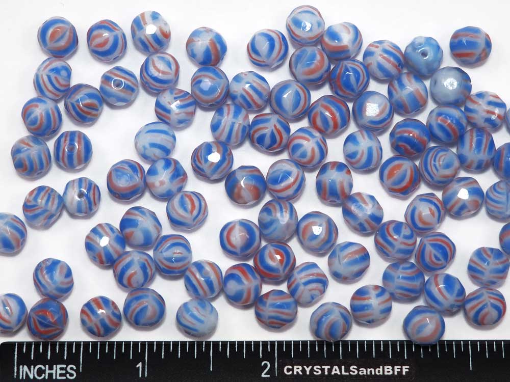 Chalk White Blue and Red Stripe, 3-tone combination, Czech Fire Polished Round Faceted Glass Beads, 8mm 36pcs