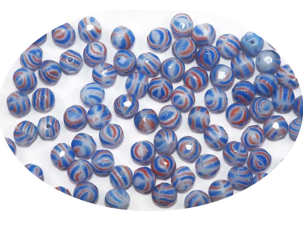 Chalk White Blue and Red Stripe, 3-tone combination, Czech Fire Polished Round Faceted Glass Beads, 8mm 36pcs