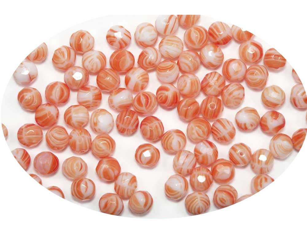 Chalk White Orange Stripe, 2-tone combination, Czech Fire Polished Round Faceted Glass Beads, 6mm, 8mm