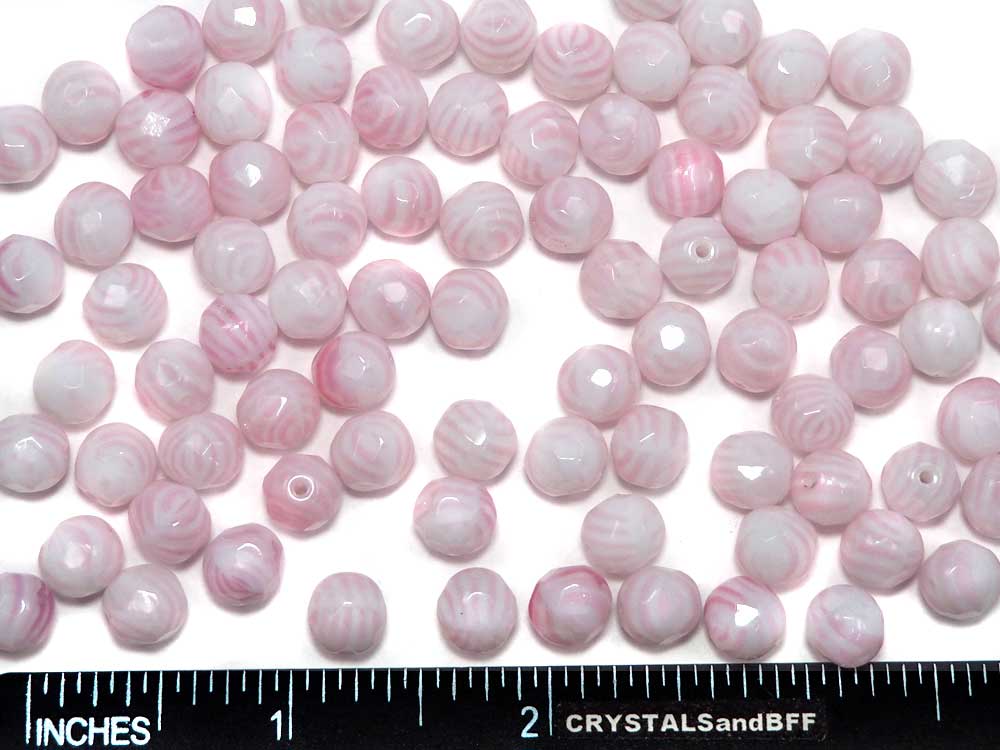 Chalk White Pink Stripe, 2-tone combination, Czech Fire Polished Round Faceted Glass Beads, 6mm, 8mm