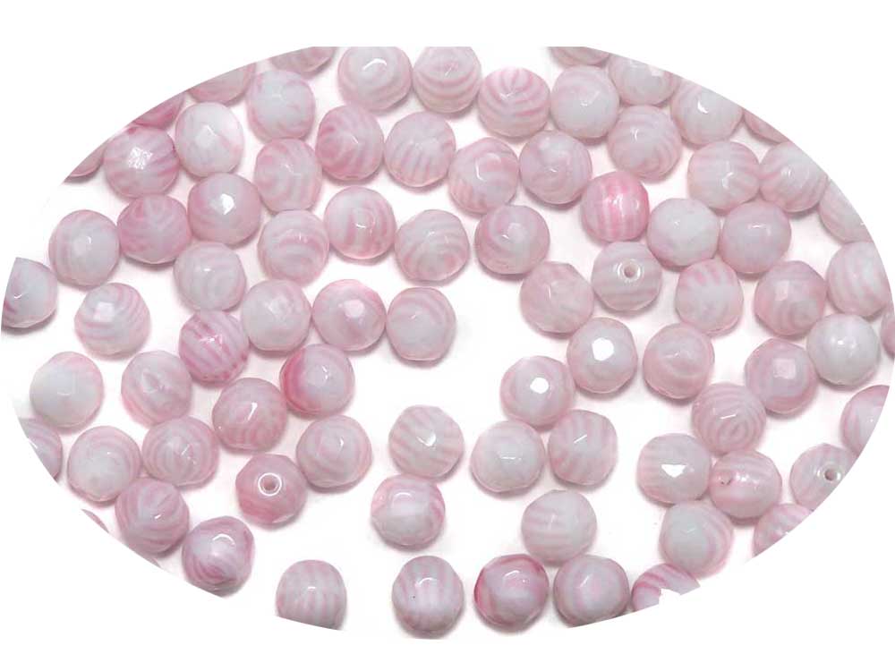 Chalk White Pink Stripe, 2-tone combination, Czech Fire Polished Round Faceted Glass Beads, 6mm, 8mm
