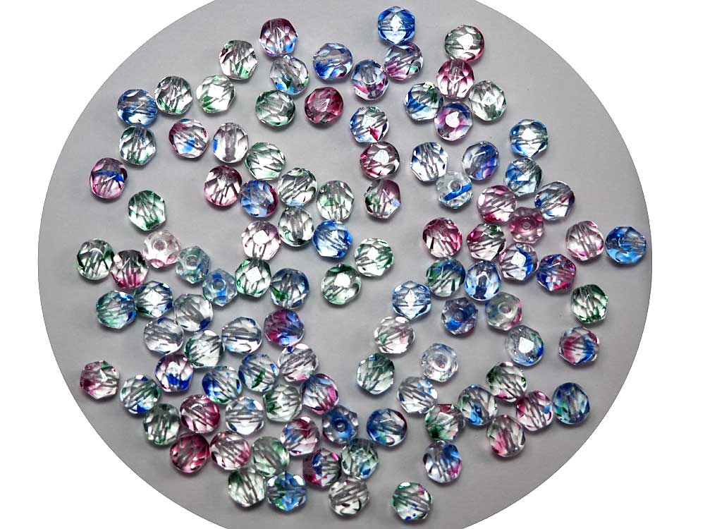 Crystal Multi Stripe, 4-tone combination, Czech Fire Polished Round Faceted Glass Beads, 4mm, 6mm, 7mm