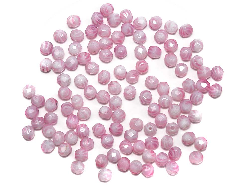 Chalk White Pink Stripe, 2-tone combination, Czech Fire Polished Round Faceted Glass Beads, 6mm, 8mm