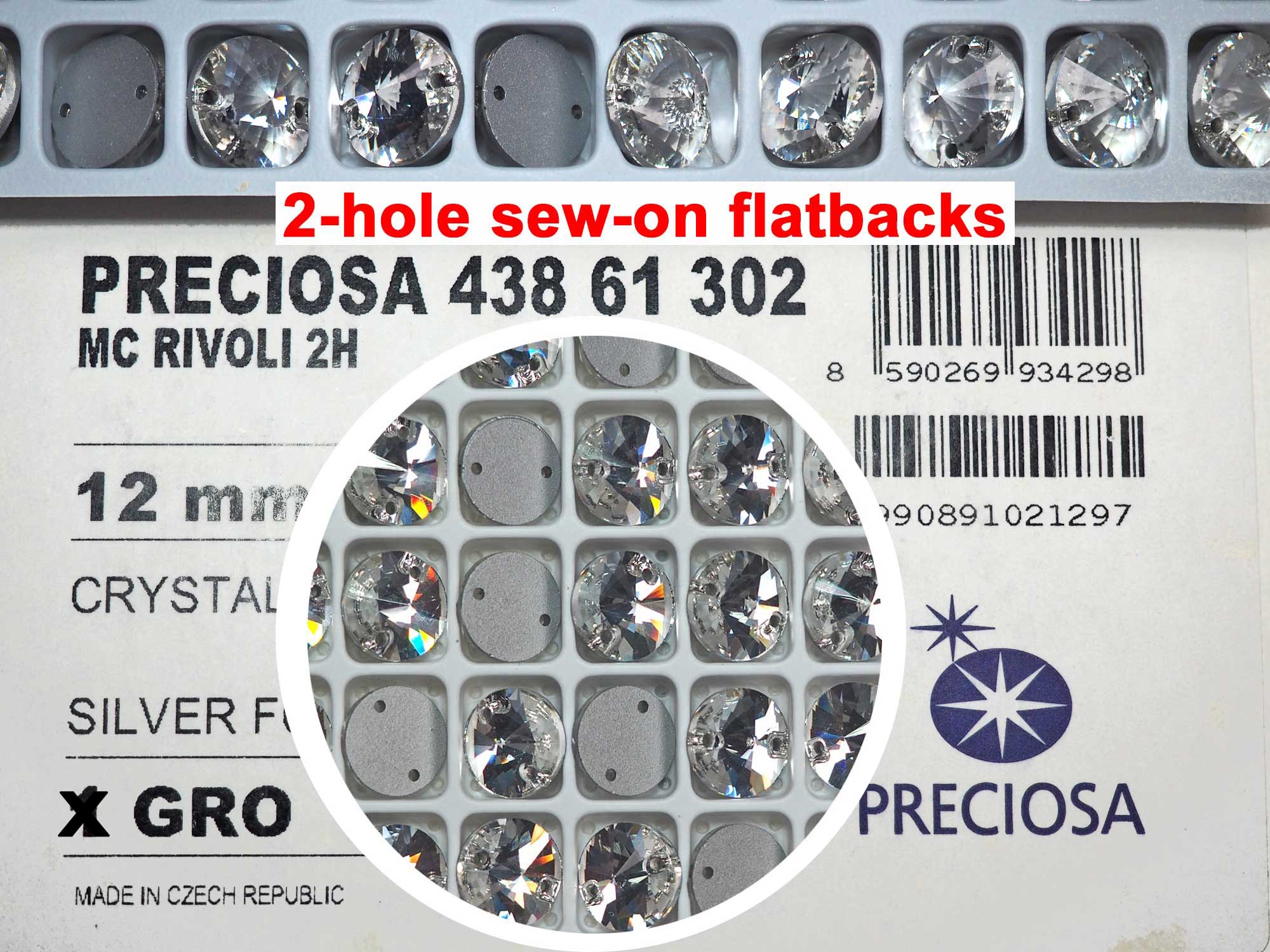 Crystal clear, Preciosa Czech MC RIVOLI Flatback 2-hole Sew-on Stones Style #438-61-302 Silver Foiled, sizes 10mm, 12mm, 14mm
