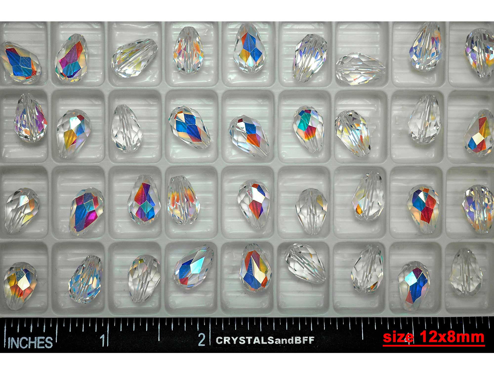 Crystal AB, Preciosa Czech Machine Cut Pear Crystal Beads, tear drop shape in size 12x8mm, 12 pieces, P526