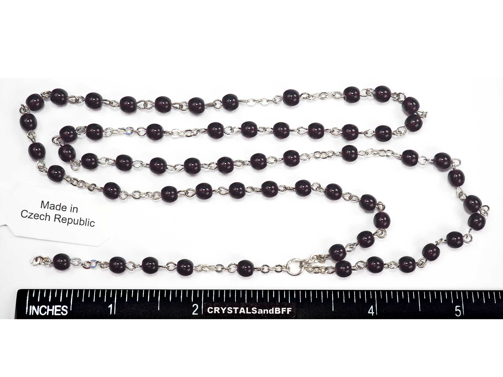 Rosary Chain, 5mm Pressed Dark Garnet Round Glass Beads, Silver Plated, Chain and Tail, P571
