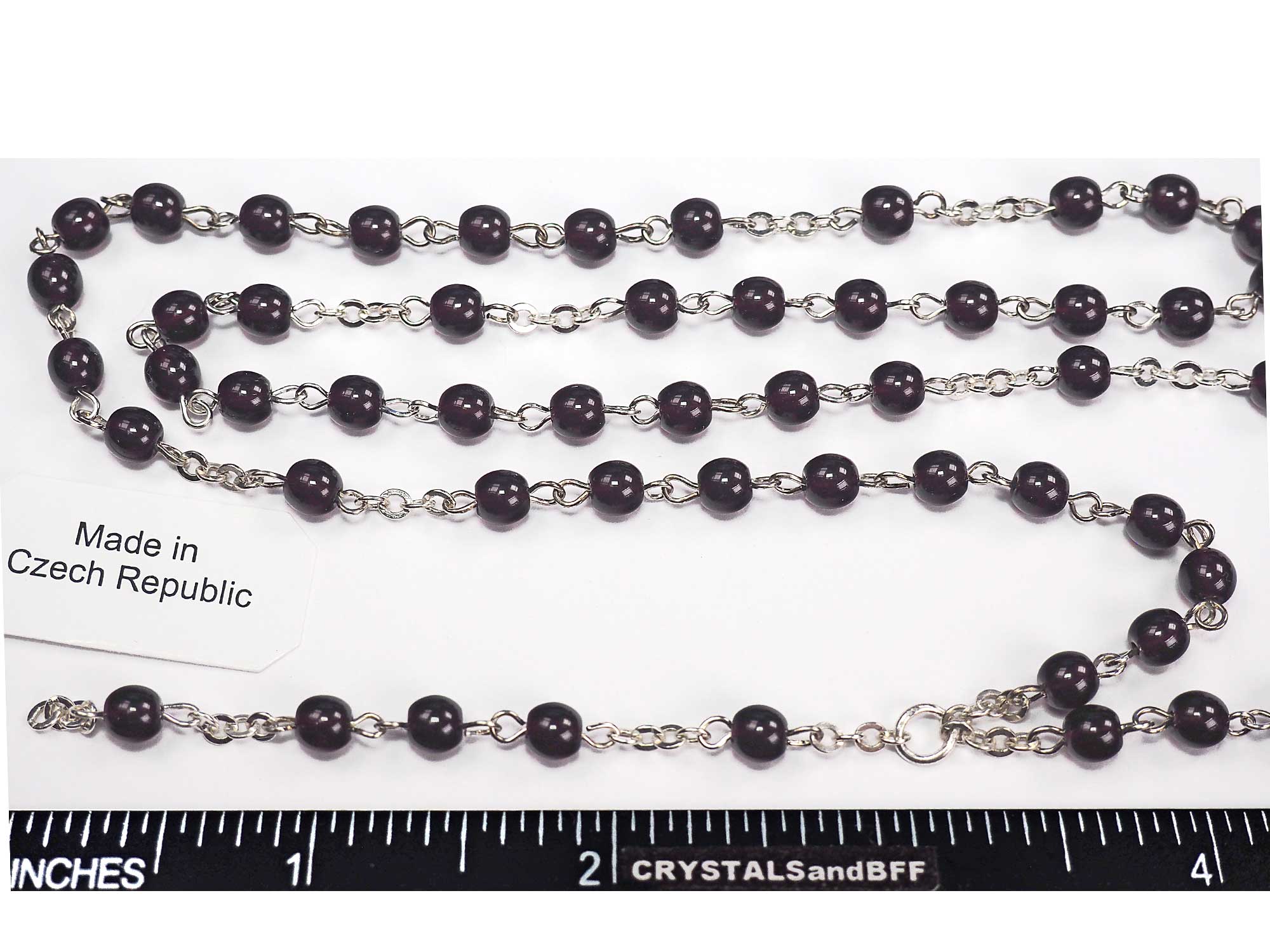 Rosary Chain 5mm Pressed Dark Garnet Round Glass Beads Silver Plated Chain and Tail P571