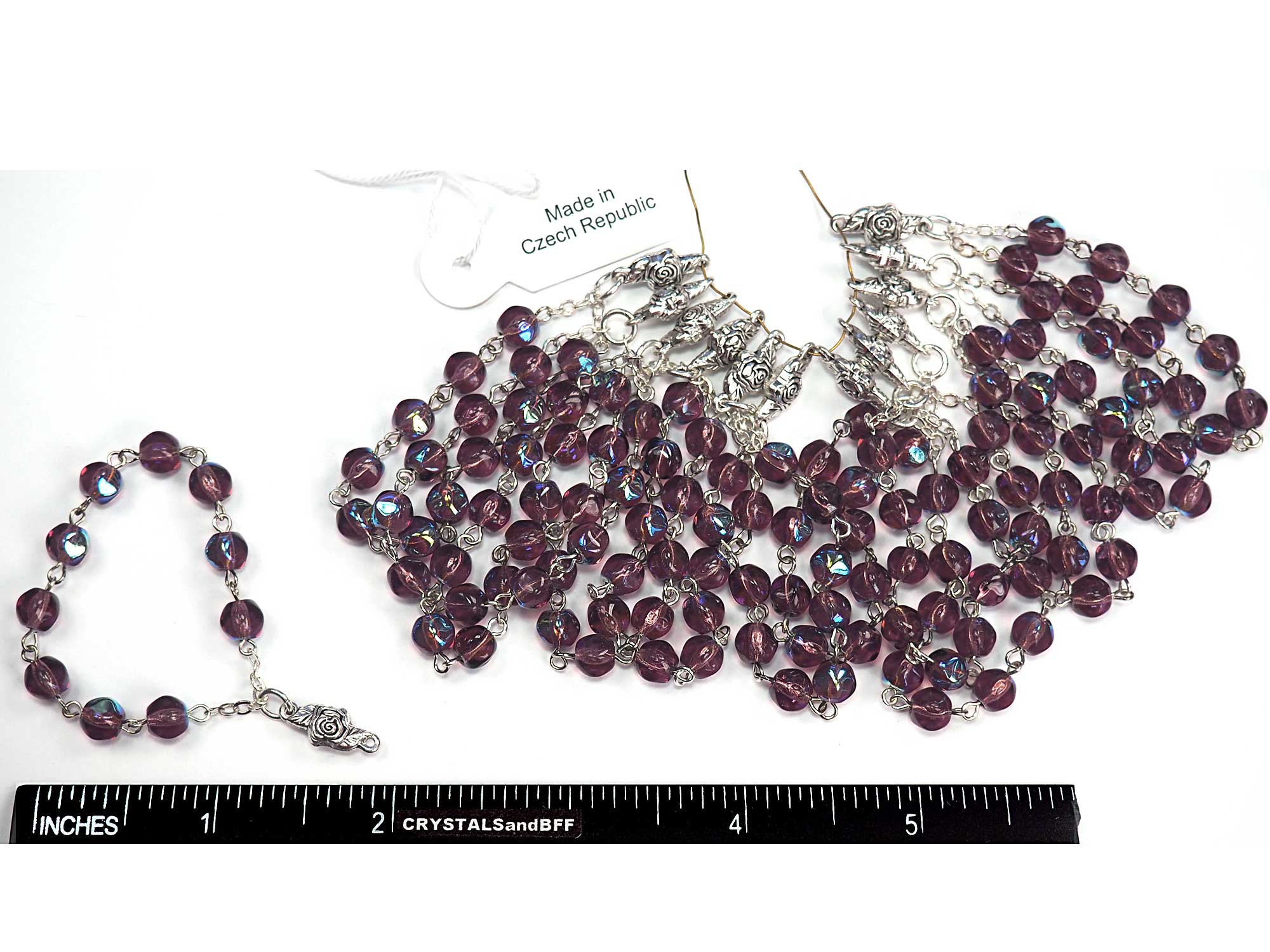 Rosary Chain - Finger Auto Rosary chain with Centerpiece, 6mm Druk Amethyst AB coated Beads, Silver Plated, P573