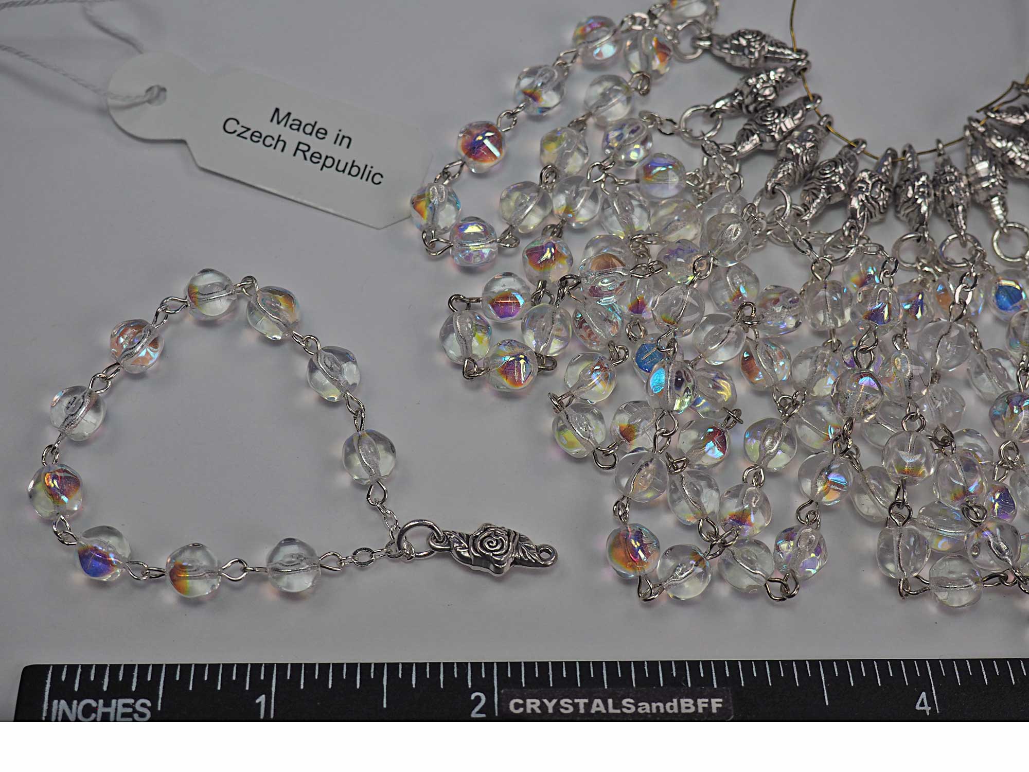 Rosary Chain - Finger Auto Rosary chain with Centerpiece, 6mm Druk Crystal AB coated Beads, Silver Plated, P574